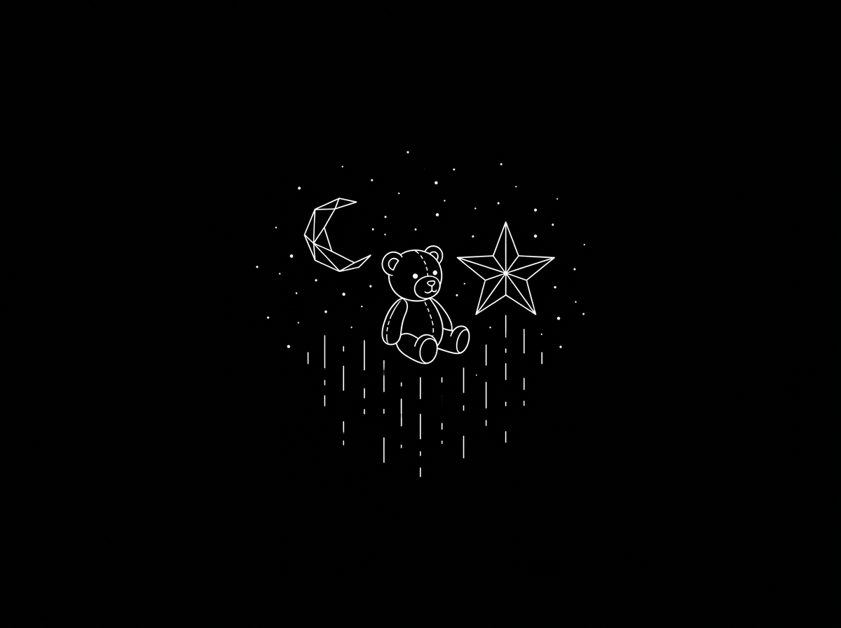 A teddy bear, a paper star and a crescent moon drawn in white line, with stars falling beneath them