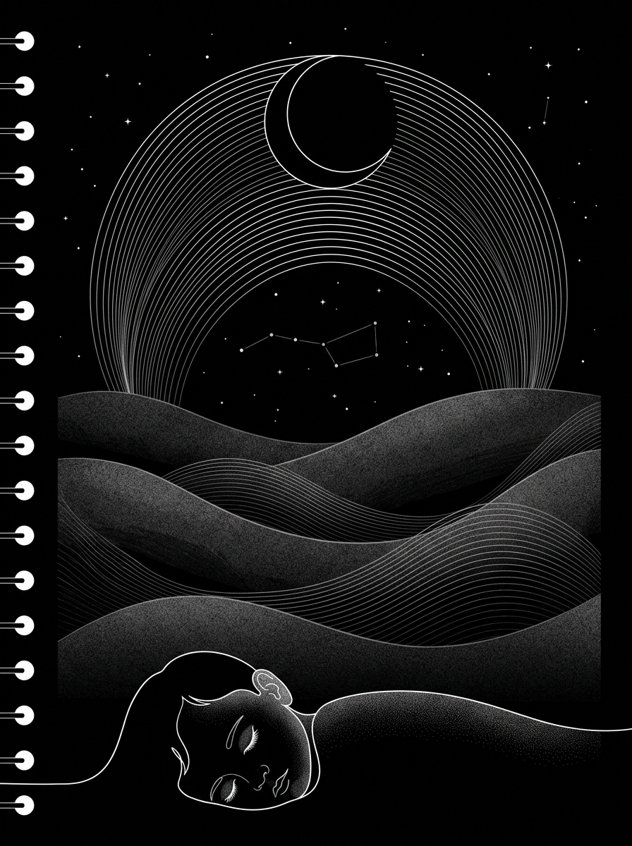 A child asleep beneath hills, a crescent moon and a circle of fine lines, drawn in white on black