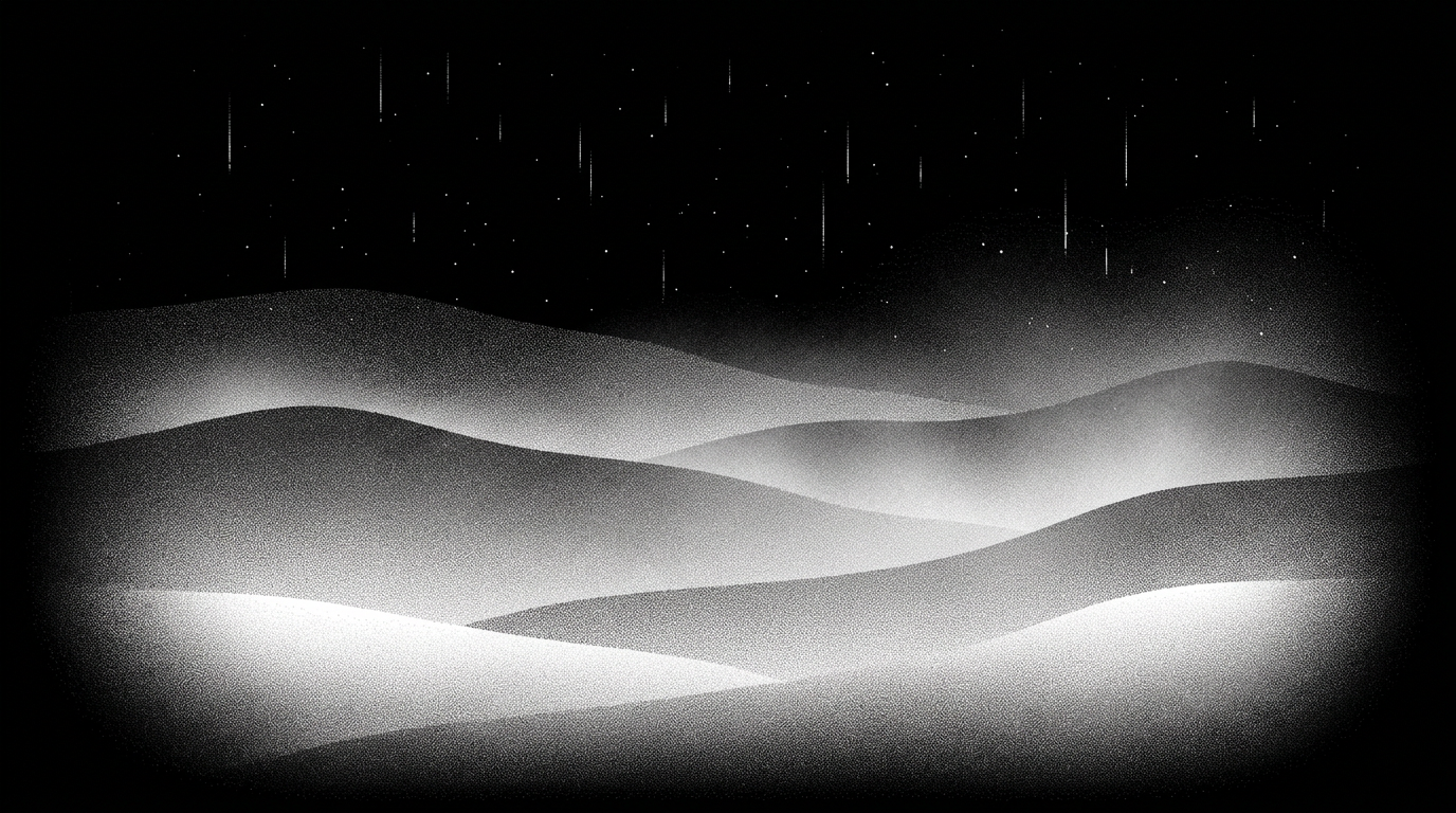 Rolling grey hills under a black sky of small stars, drawn in grain