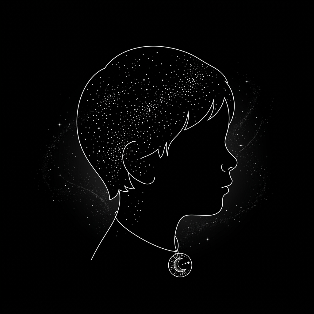 A child in profile drawn in white line, the hair filled with tiny stars, a moon medallion on a necklace