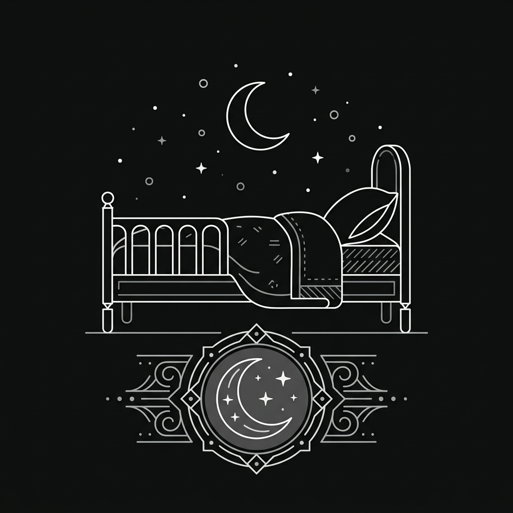 A small bed under a crescent moon, drawn in white line, with a moon medallion beneath