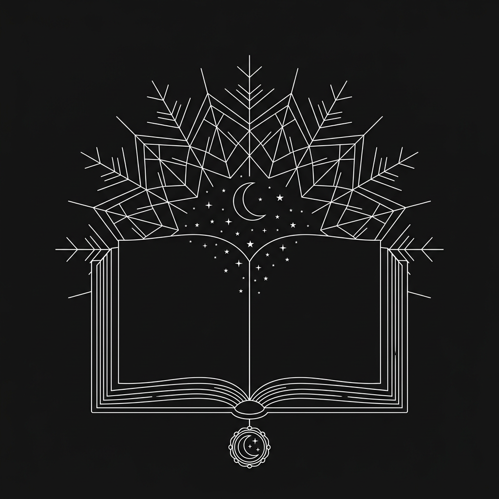 An open storybook drawn in white line with a crescent moon and stars rising from its pages